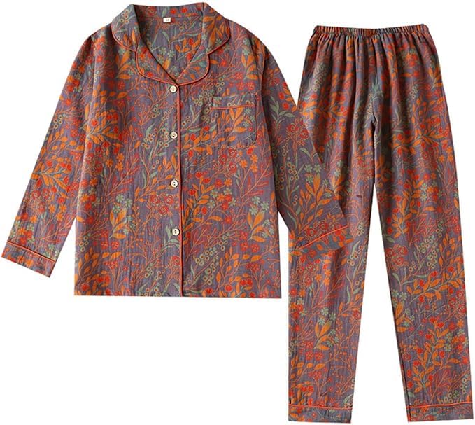 Ginkgo Leaf Button Colorful Floral Pure Pajama,Vintage Leaf Cotton Lapel Loungewear Set,Cozy Pure Cotton Housecoat2