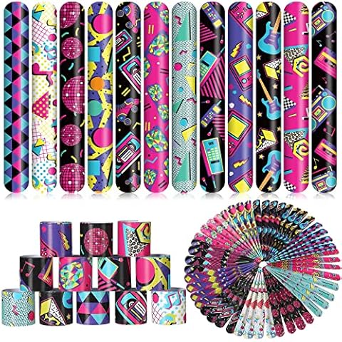 Sosation 60 Pcs 80s 90s Party Slap Bracelets Favors Decorations Slap Wristbands Retro Theme Bracelet Snap Bands Snap Bracelets for Adults Throwback Party (Retro Style) Cover
