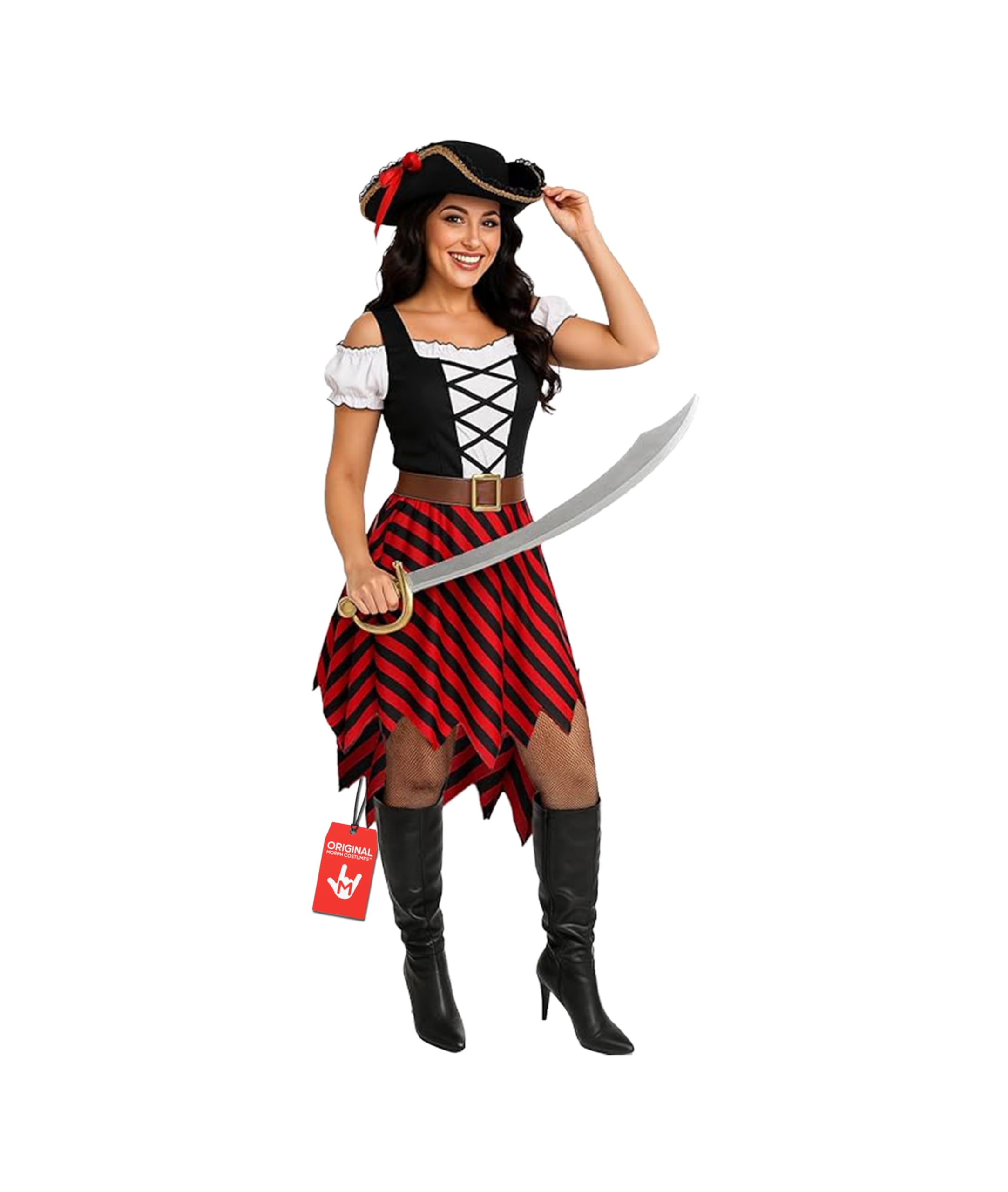 Fun Shack Piratenpak Dames Zwart met Korset Jas, Witte Jurk en Hoed met Veren voor Halloween en Themafeesten, S
