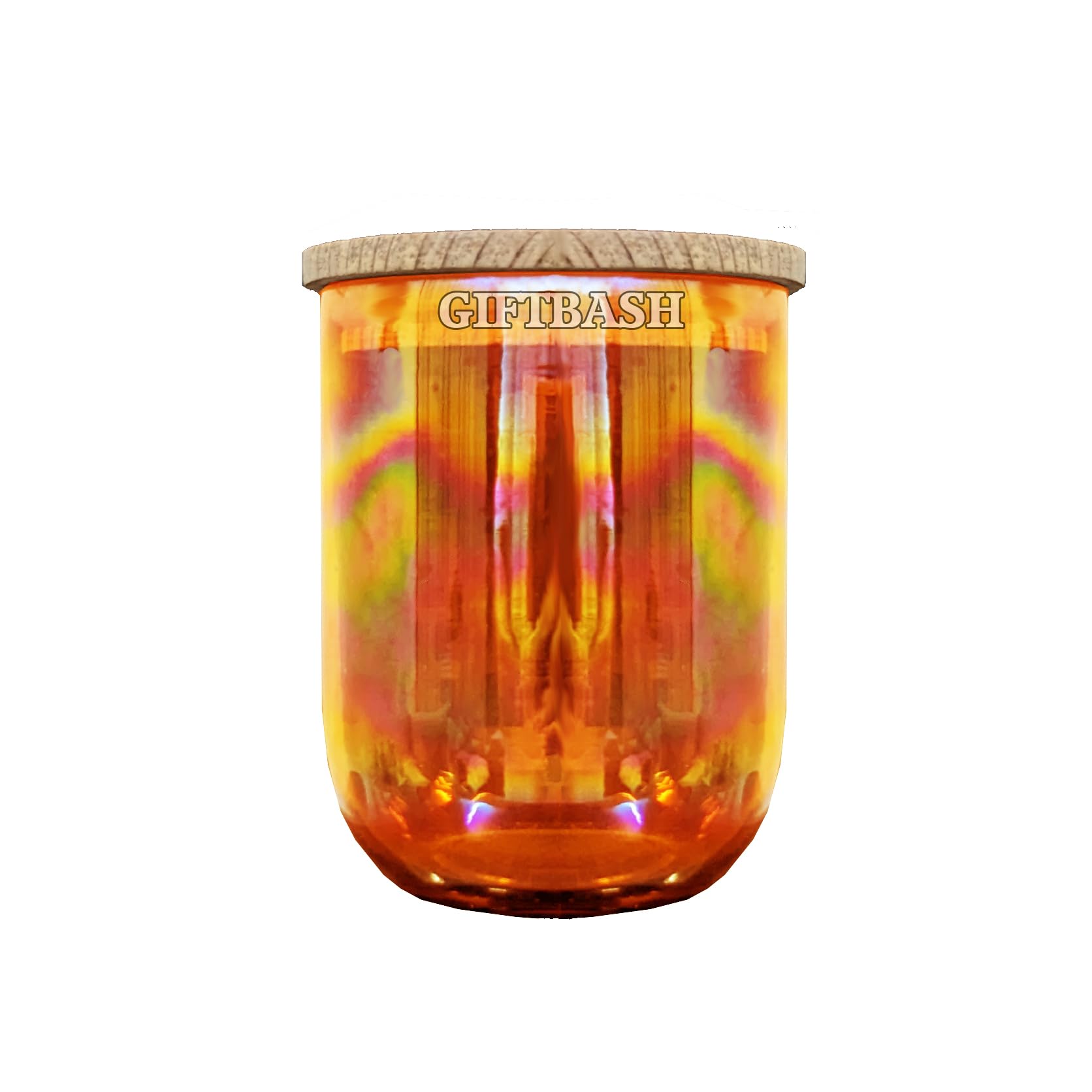 GIFTBASH Rainbow Finish Round Base Empty Orange Colored Glass Jar with Airtight Wooden, Set of 3, 400 ml Each, | Storage Jar | Jars for Candle Making | Jar for Diy Projects | Jars for Gift Hampers