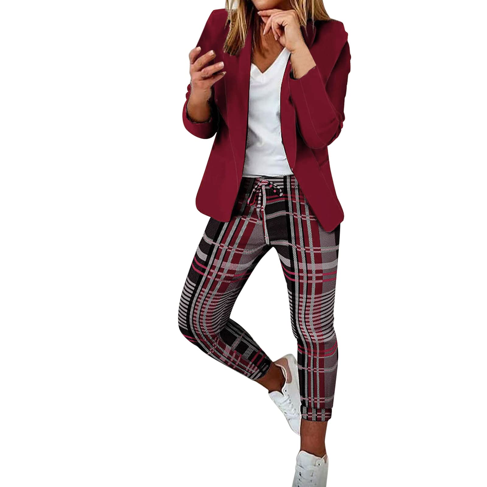 Completo da donna in 2 pezzi casual scozzese aperto davanti blazer e pantaloni a matita set business tuta da lavoro giacca vestito pantaloni