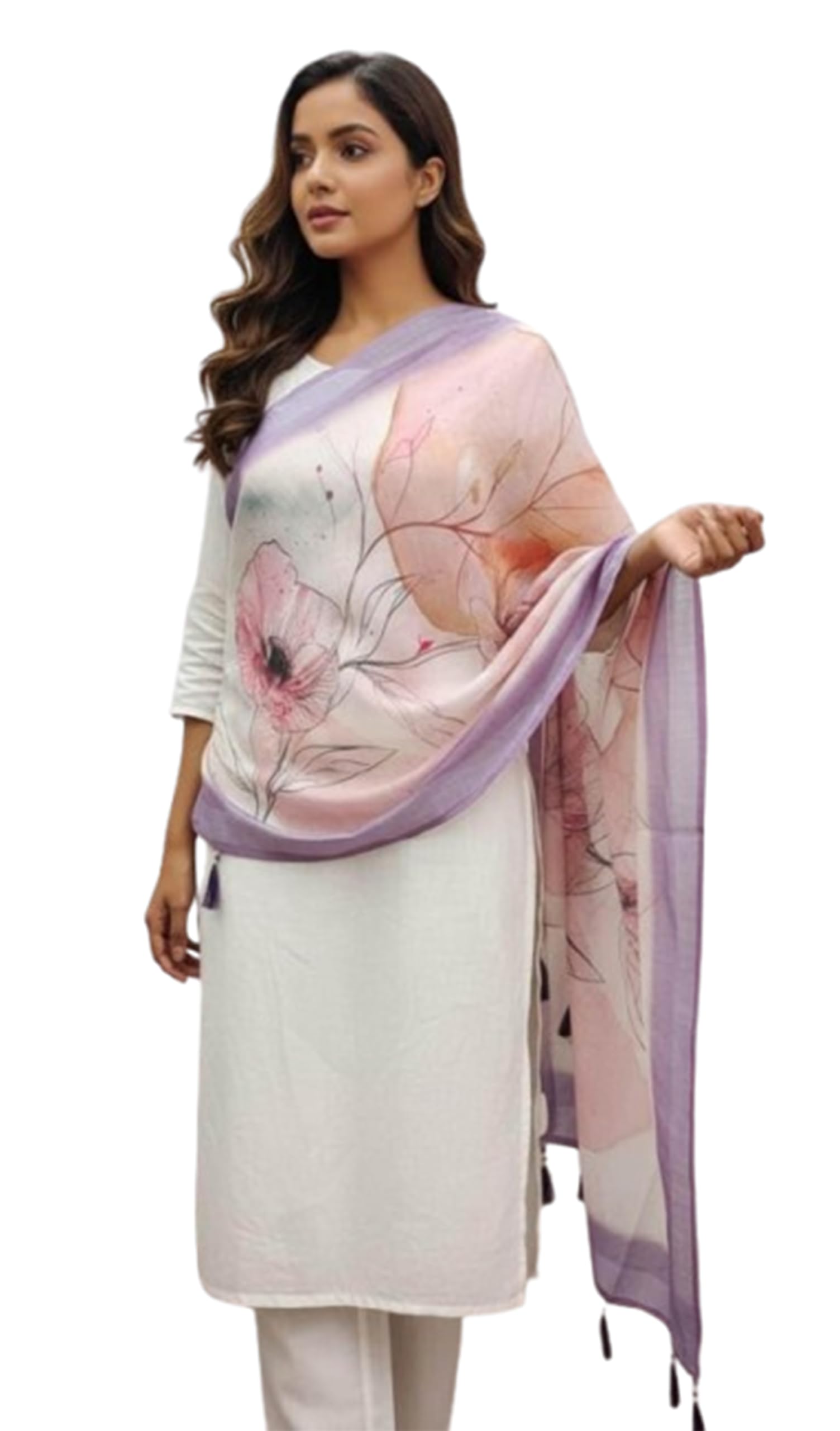 The Lavender Bloom Watercolour Digital Print Linen Dupatta with Tassels-picture-12