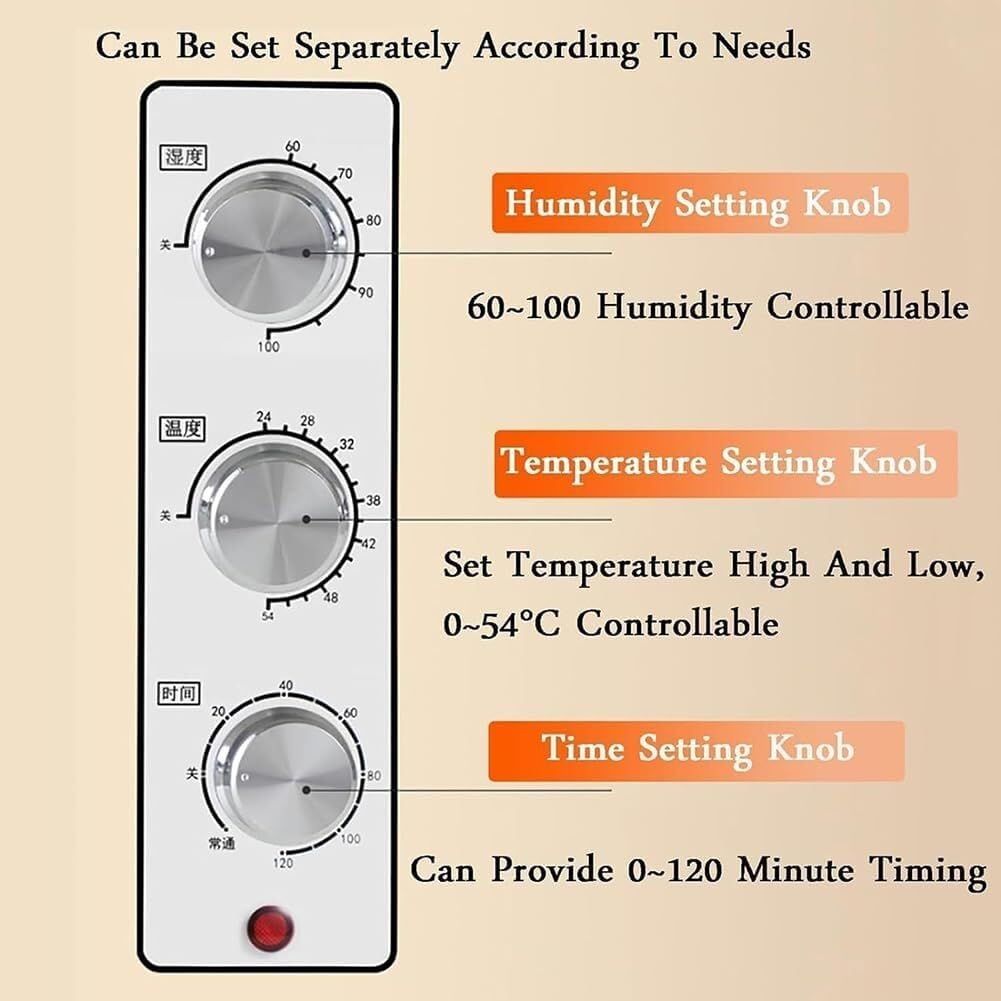 Bread proofer, Adjustable Humidity and Temperature, 0-120 Minute Timer, Large Capacity Dough proofing Box with humidifying Cup and Grid, for Making Bread,L