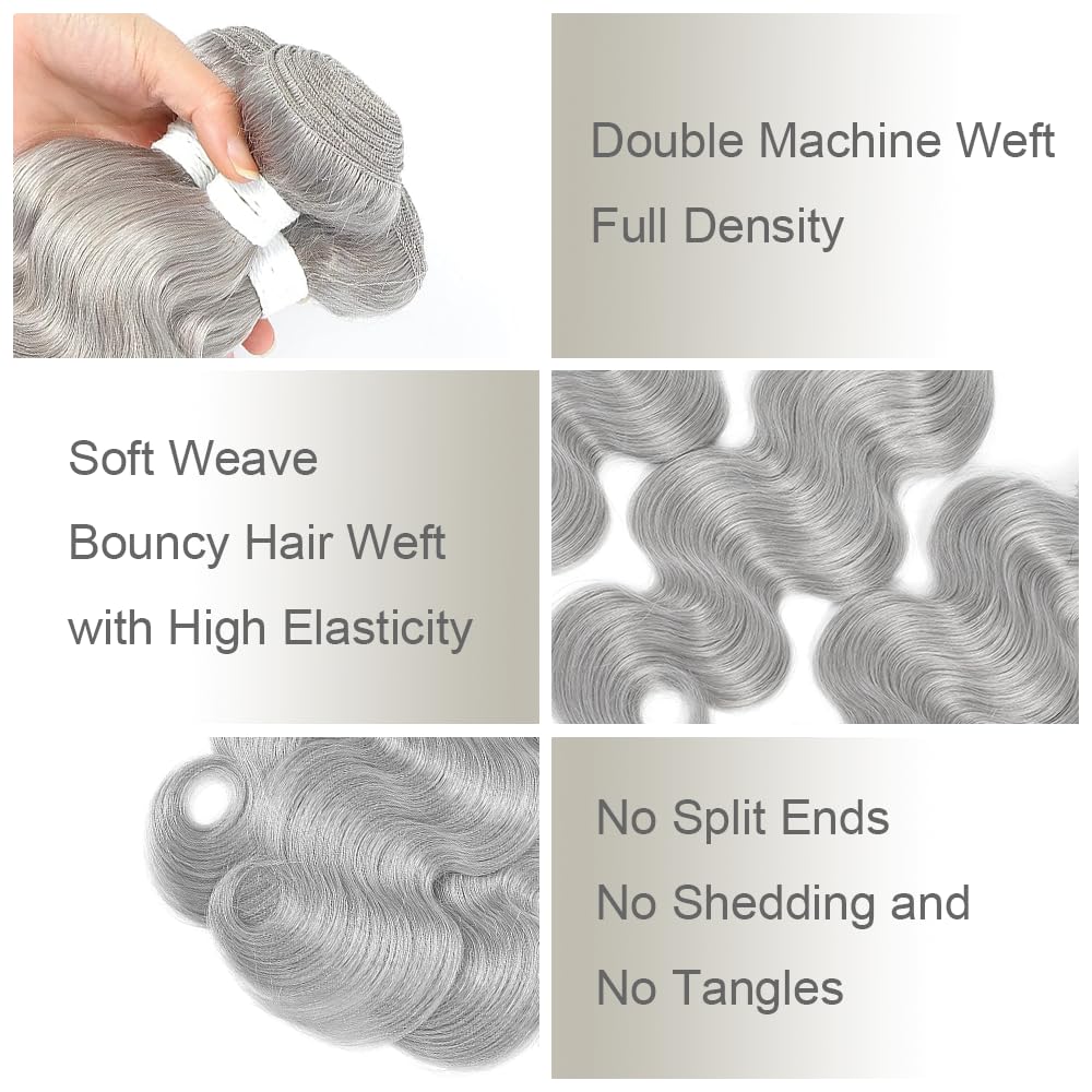 Silver Grey Body Wave Bundles Human Hair 10 12 14 Inch Virgin Human Hair Weave Extension 3 Bundles Brazilian Unprocessed Virgin Soft Quick Weave Hair for Black Women