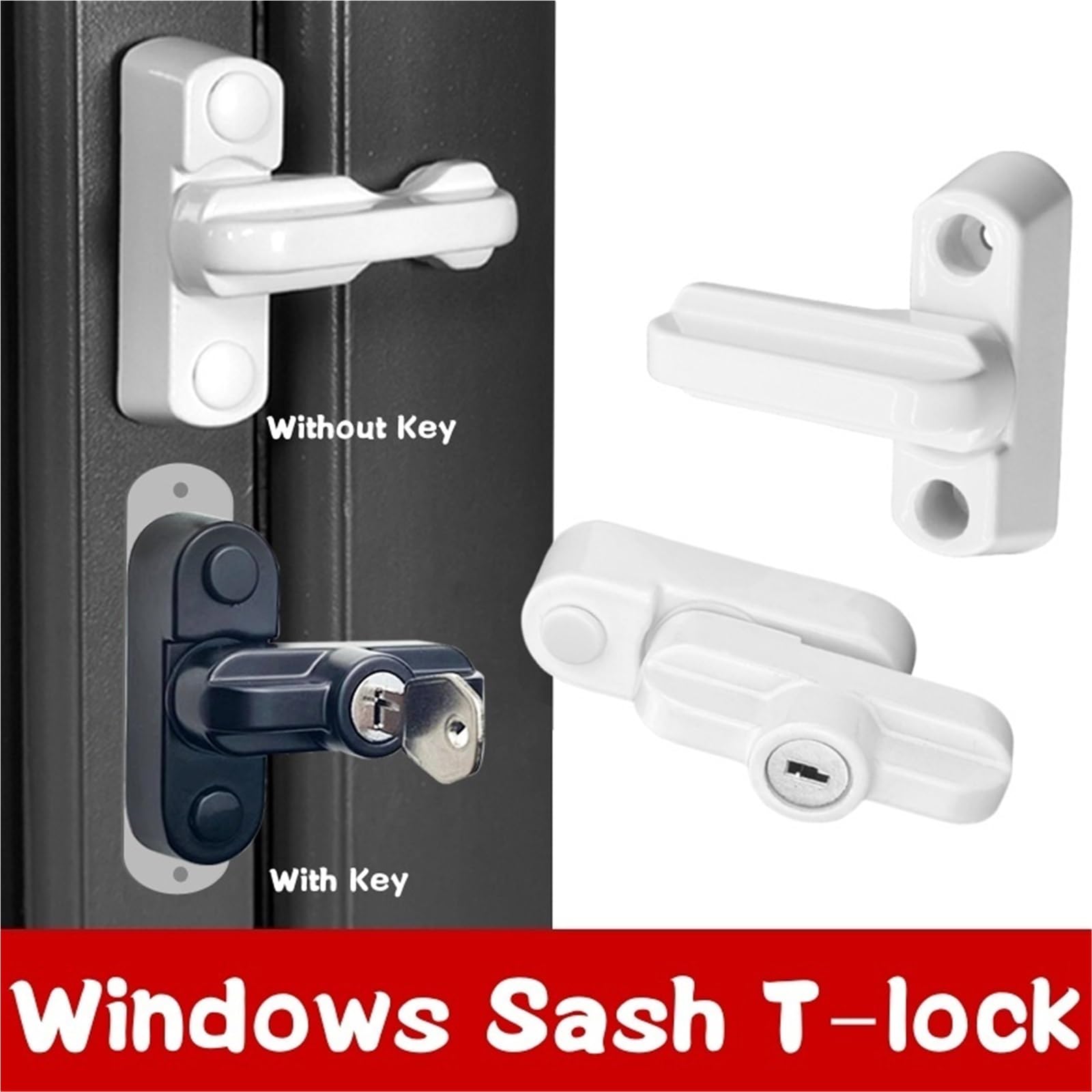 Lot de 2 serrures en T avec clé, sécurité alliage for fenêtre extérieure, antivol Pour Porte de fenêtre(With Key)