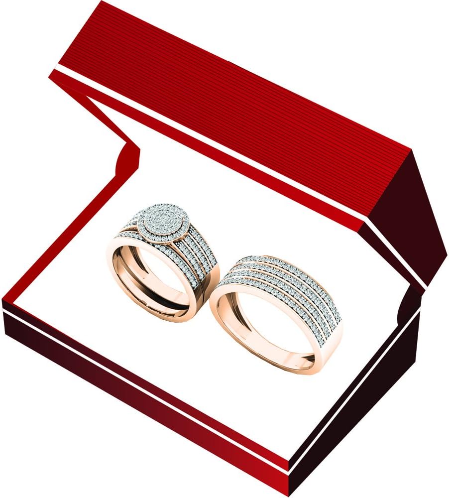 Dazzlingrock Collection 0.80 Cttw 10K Round White Diamond Men & Women's Engagement Ring Trio Set 3/, Solid Rose Gold