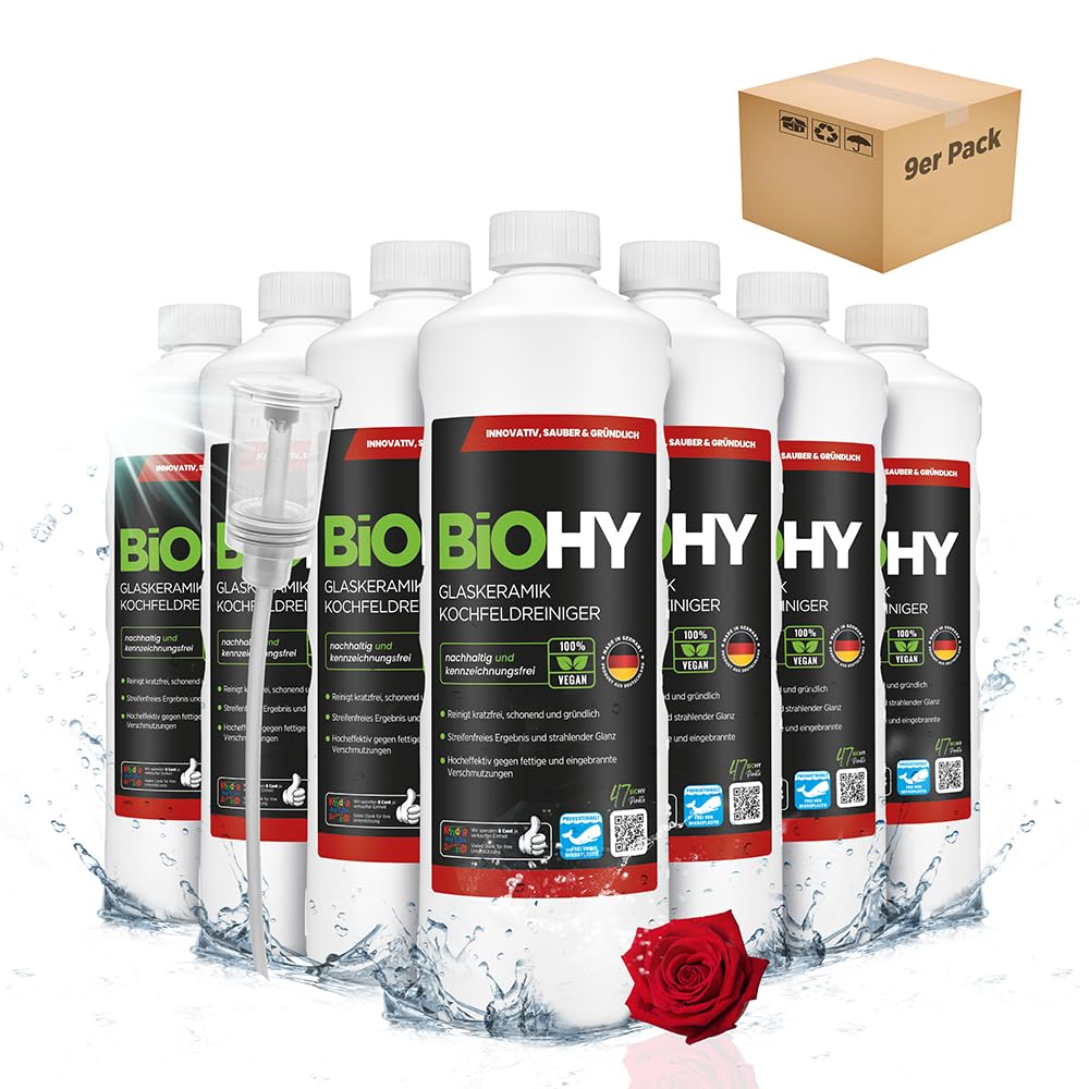 BiOHY Detergente per piani cottura in vetroceramica (9 bottiglie da 1l) + Distributore | Ottimo per la pulizia e la cura del piano cottura e per l’induzione (Kochfeldreiniger)