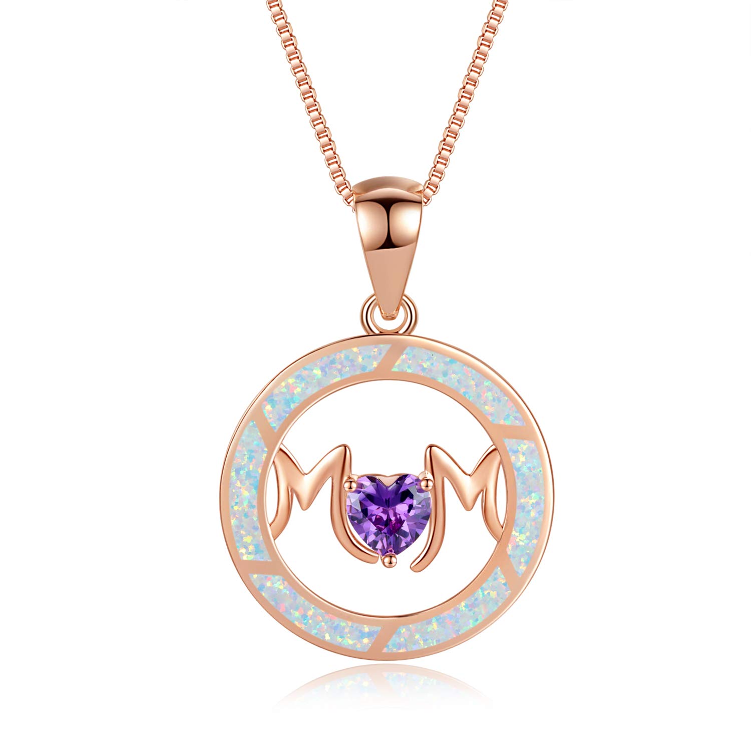 BamosMom Necklace, 925 Sterling Silver Circle Necklace for Women with Created Opal Circle and Cubic Zironia Heart, Plated with 14K White Gold/Rose Gold, Mom Birthday Gifts