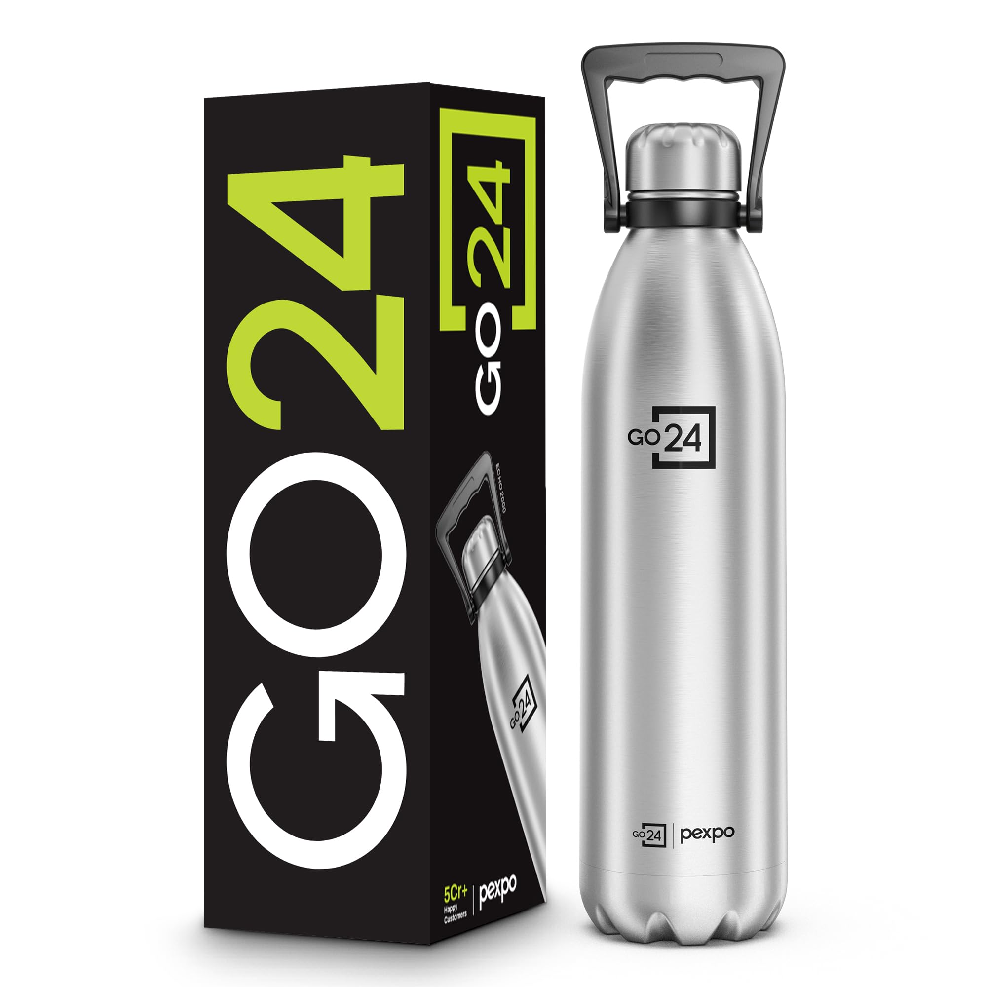 Go24 pexpo Echo Pro ISI Certified Stainless Steel Water Bottle 2000ml Hot & Cold Thermos Water Bottle | Vacuum Insulated Water Bottle with Handle | Travel | Adults - Silver