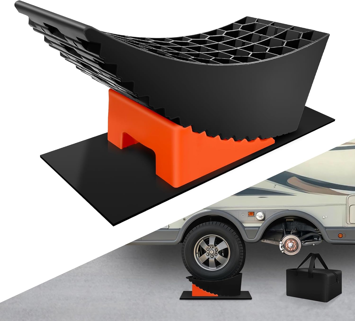 ROBLOCK Tandem Trailer Tire Change Ramp, Tire Lifts Up to 6.3″, Raised Tire Change Ramp for Trailers Campers, RV Leveling Blocks with Chocks, Carry Bag, Dual Axle Tandem Wheel Aid,1 Pack ROBLOCK Tandem Trailer Tire Change Ramp, Tire Lifts Up to 6.3″, Raised Tire Change Ramp for Trailers Campers, RV Leveling Blocks with Chocks, Carry Bag, Dual Axle Tandem Wheel Aid,1 Pack