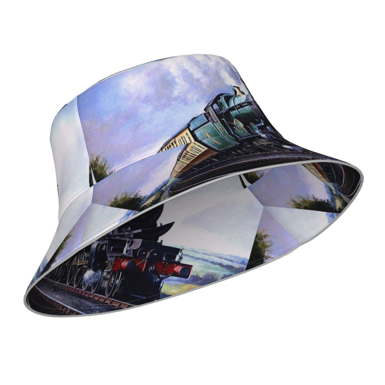 Yingd Unisex #590 Bucket Hat Steam Locomotive Train Printed Reflective Striped Fisherman Hat Beach Sun Hats For Women Men Black