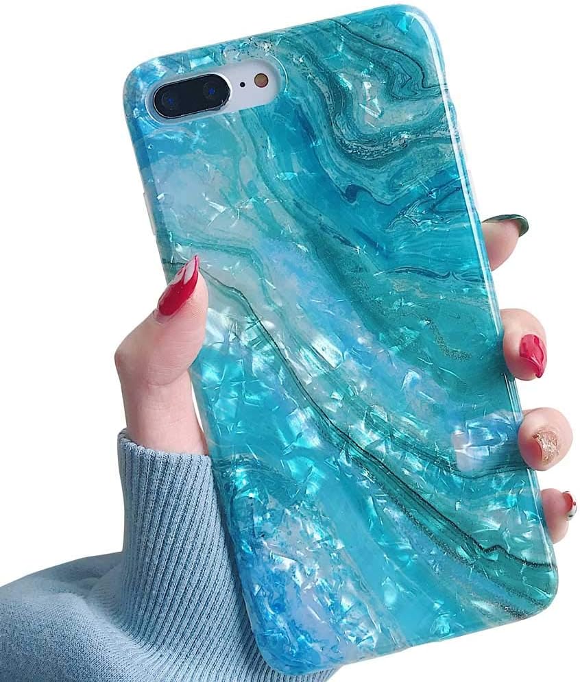 YeLoveHaw iPhone 8 Plus / 7 Plus Case for Girls, Glitter Pearly-Lustre Translucent Shell Texture with Quicksand Pattern Phone Case [Flexible, Slim Fit, Full Protective] for iPhone 7Plus / 8Plus(Blue)