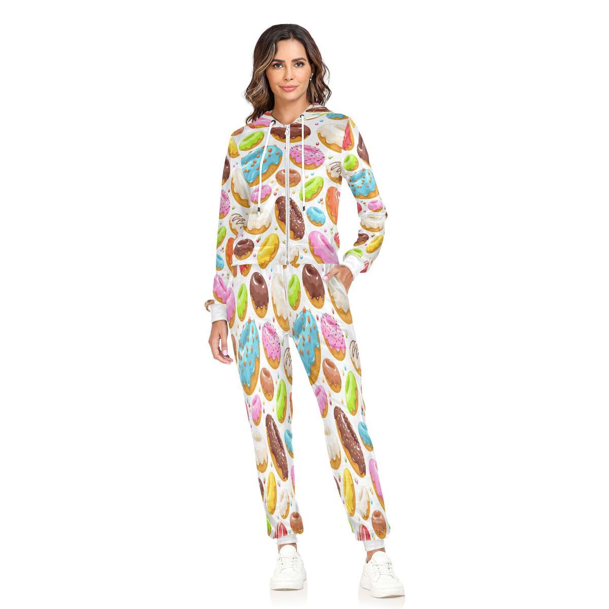 Conjunto deportivo de 2 piezas para mujer, conjunto deportivo de manga larga con estampado de donas esmaltadas coloridas, conjunto deportivo de dona