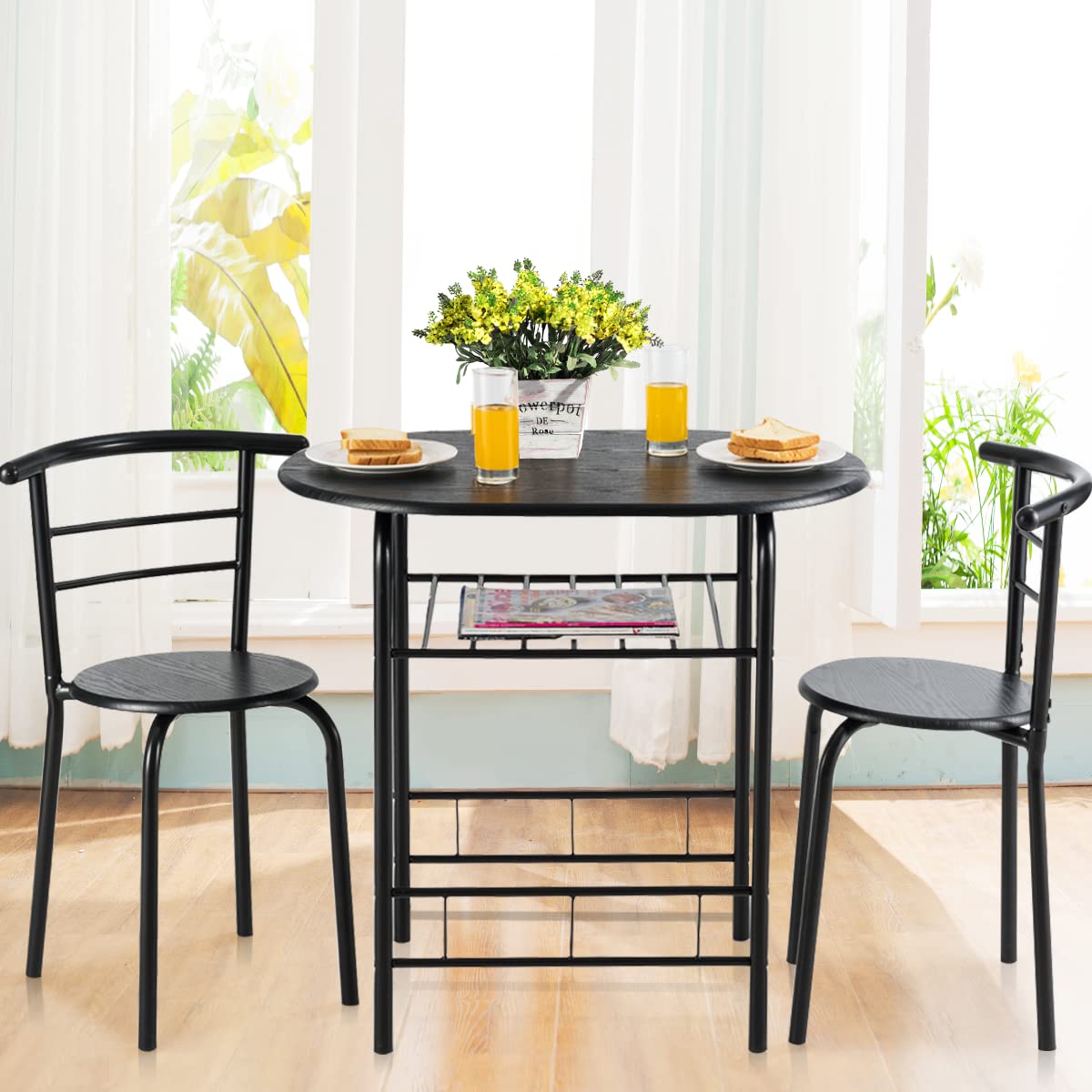 LIFEZEAL Set di 1 Tavolo da Pranzo e 2 Sedie da Cucina, per Colazione, Ergonomico, Schienale Alto, Telaio in Metallo, Sala da Pranzo, Cucina, Ristorante, Balcone, Montaggio Facile, 3 Pezzi, Nero