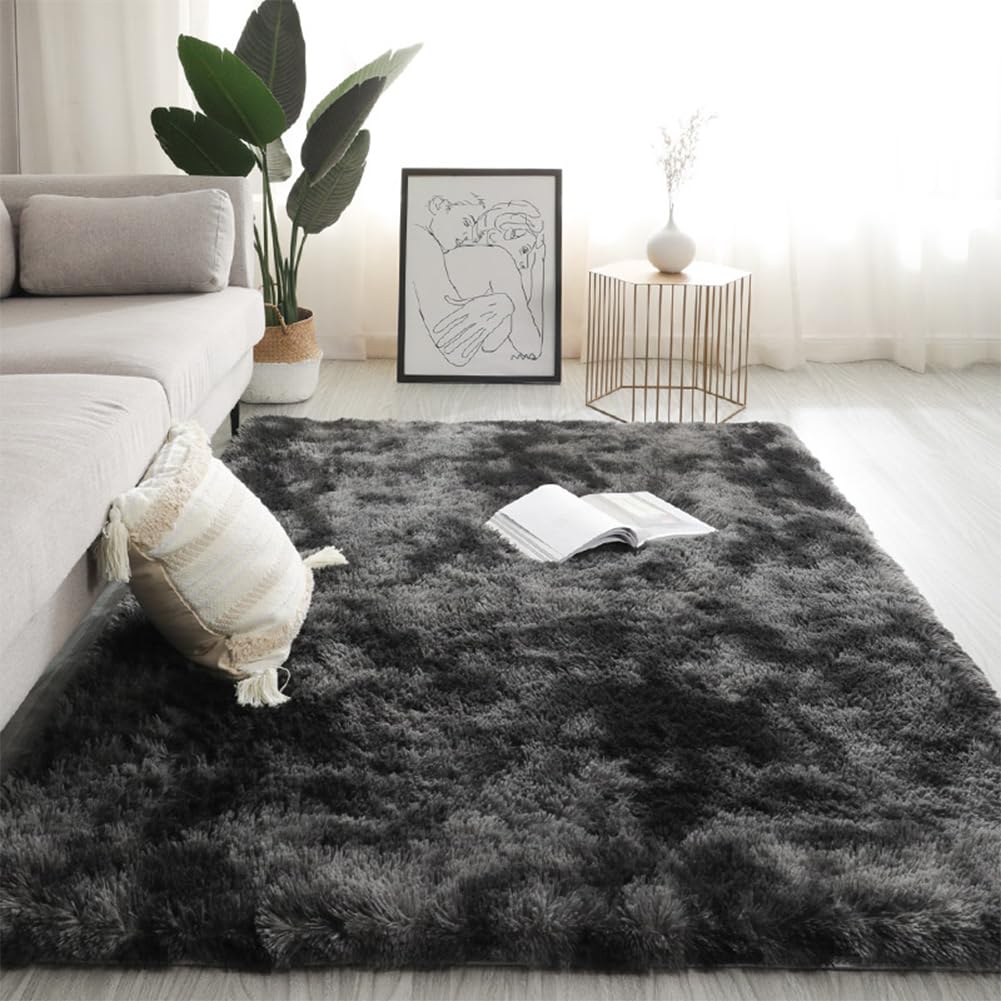 Tapis de salon shaggy 120x200cm lavable et antidérapant en couleur gris noir