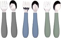 WeeSprout Toddler Utensils: 3 Forks & 3 Spoons, 18/8 Stainless Steel & Silicone Easy-Grip Handles, Gentle Self-Feeding Set, Dishwasher Safe