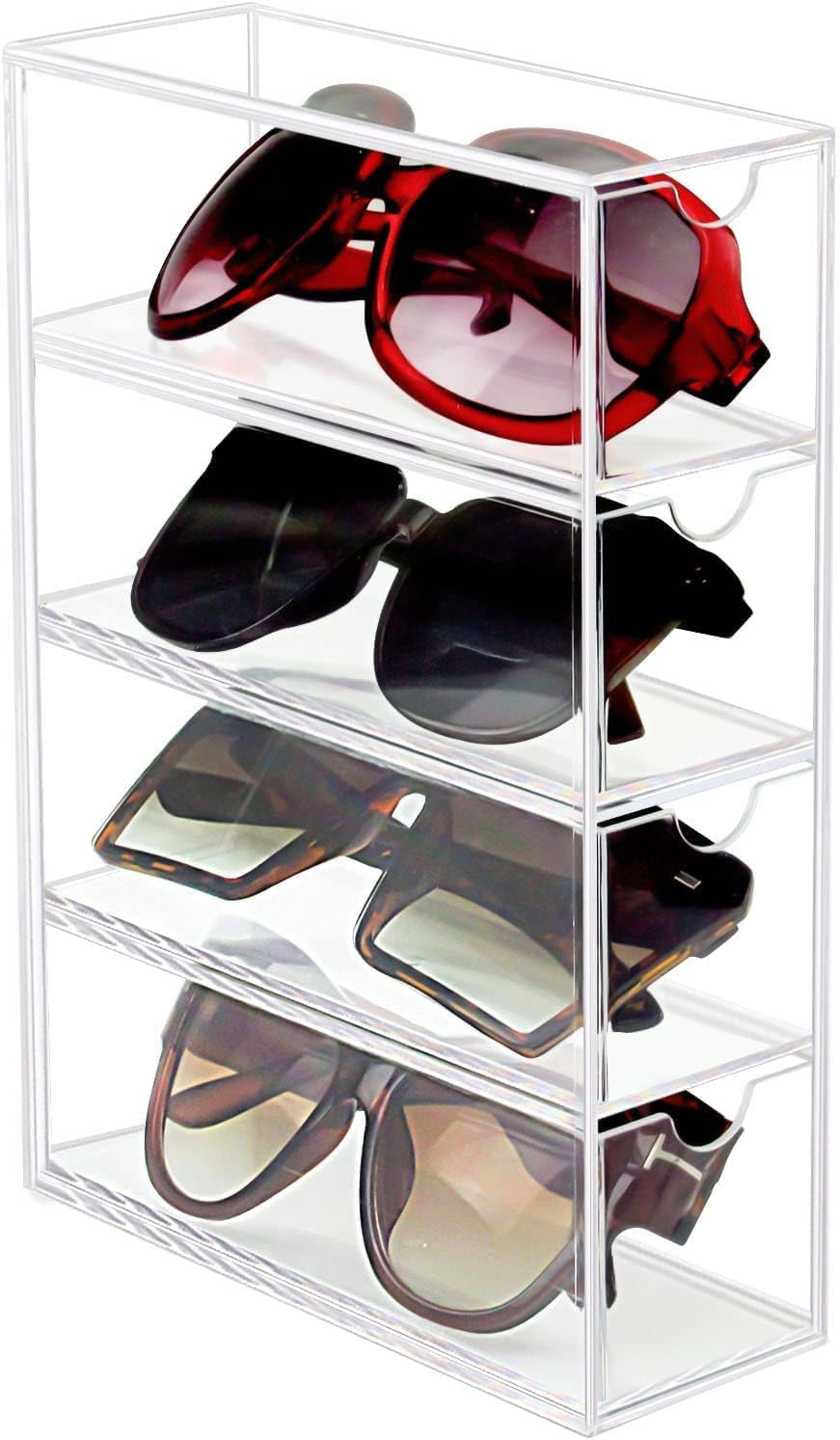 Sunglasses Organizer with 4 Clear Drawers, Acrylic Eyeglass Storage Case, Tabletop Eyewear Display Holder for Glasses, Jewelry Watch Cosmetic Makeup Brush Organization for Home Vanity Use