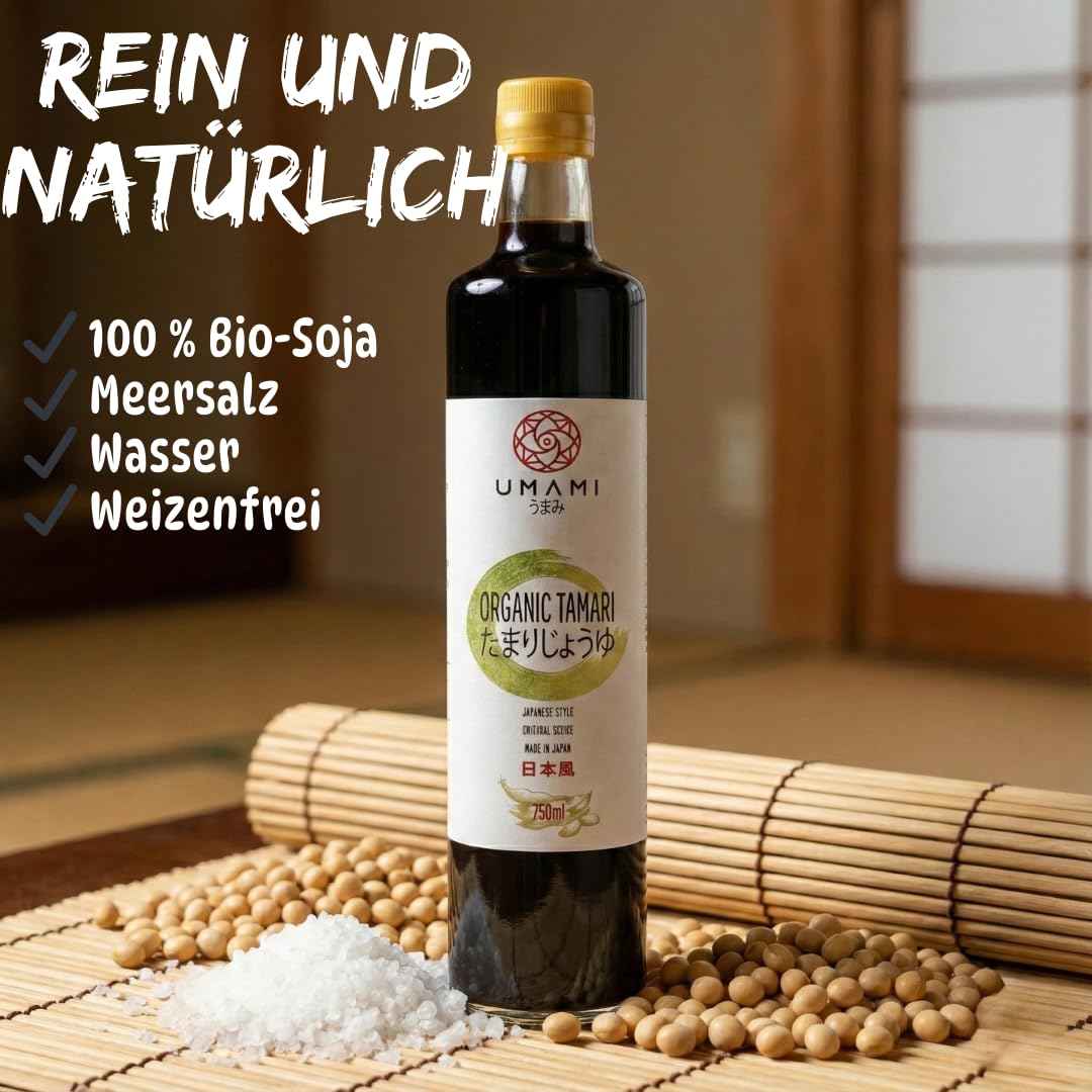 Umami Bio Tamari Sojasauce 750ml - Glutenfrei - Traditionelle Kioke-Holzfass Fermentierung - Hergestellt in Japan - Ideal für Sushi, Wok und Zöliakie-Diäten