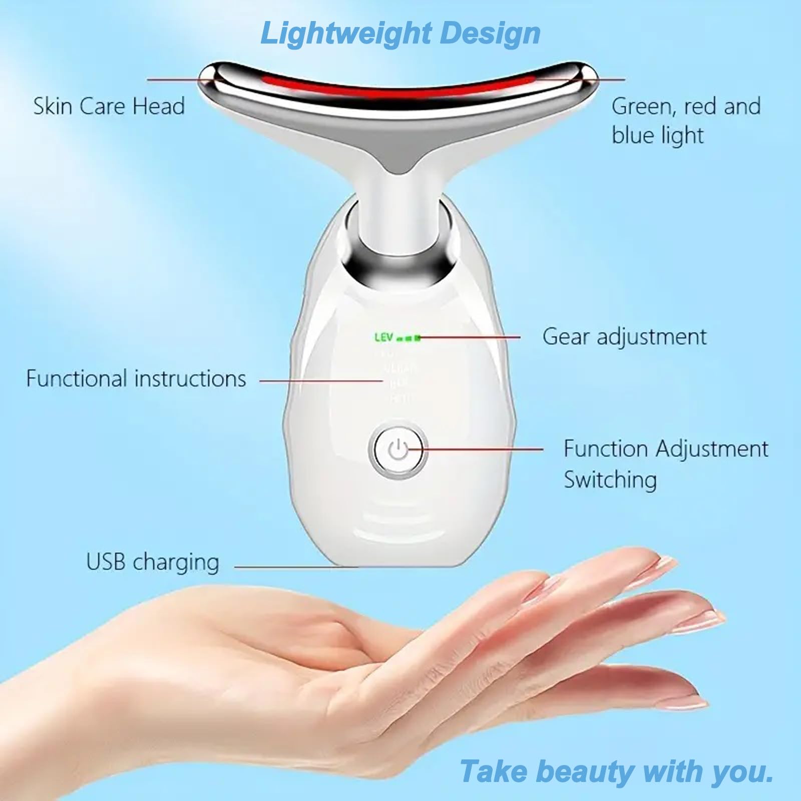 Masseur Visage Électrique, Appareil Anti-Rides à 7 Couleurs avec 3 Modes de Massage, Masseur Visage et Cou Vibrant pour Raffermissement et Douceur de la Peau (Blanc)