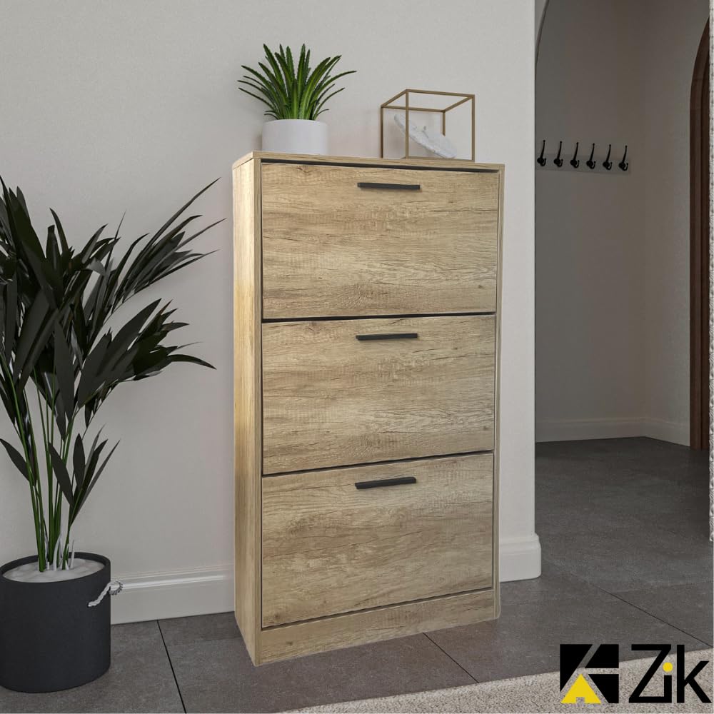 ZIK - Scarpiera Salvaspazio Slim in Legno (63x24x115h) Scarpiera da Ingresso Verticale, Moderna, Scaffale Scarpe di Design Vari Colori per Vari Stili di Arredamento (Rovere - Maniglie Nere)