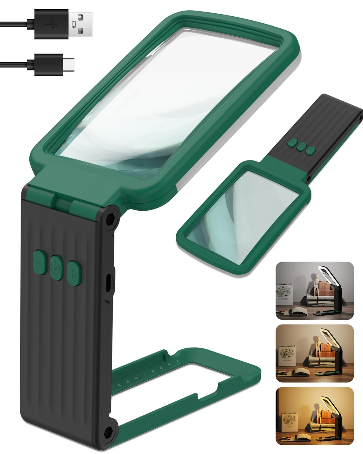 15X Magnifying Glass with Light and Stand, Rechargeable Folding Handheld Real Glass Magnifier, 3 Color Modes Dimmable Lighted Page Magnifying Sheet for Seniors Low Vision Small Prints - Green Black