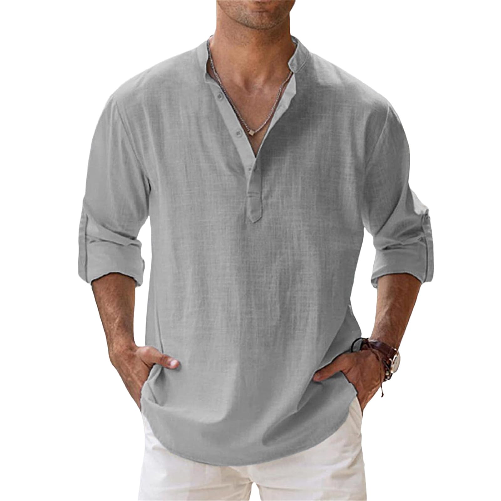 RSZGSWS Men's Linen Shirts Long Sleeve Button Down Henley Shirts Cotton Linen Plus Size Band Collar Solid Color Beach Shirt