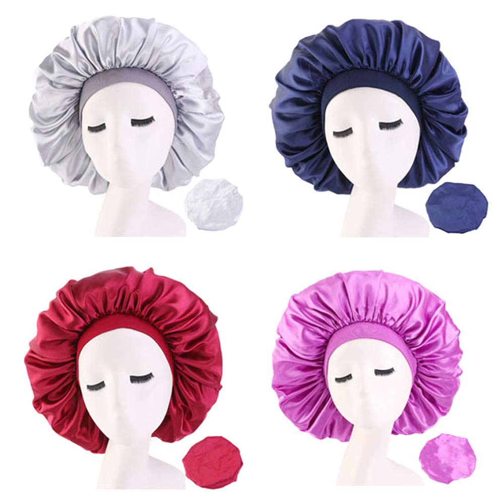 4PCS Sleep Cap Night Satin Bonnet Wide Elastic Band Soft Hat Hair Loss Chemo Caps Sleeping Head Cover Silky Turban Shower Bath Hats