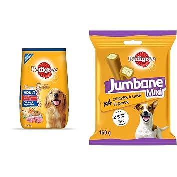 Pedigree Adult Dry Dog Food, Chicken & Vegetables, 10kg Pack & Pedigree Jumbone Mini Adult Dog Treat, Chicken & Lamb - 160 g Pack (4 Treats)
