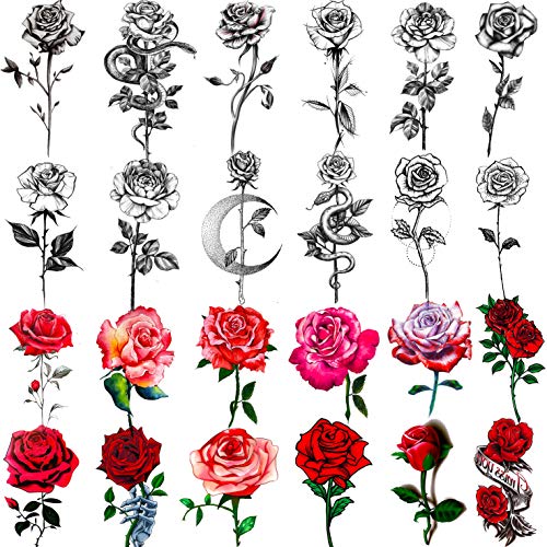 EGMBGM 24 Sheets Black Sketch Rose With Snake Temporary Tattoos For Women, Sexy Red Rose Branch Crescent Moon Tattoo Sticker For Girls, Waterproof Arm Leg Neck Fake Flowers Tattoo Temporary Tatoo Kit