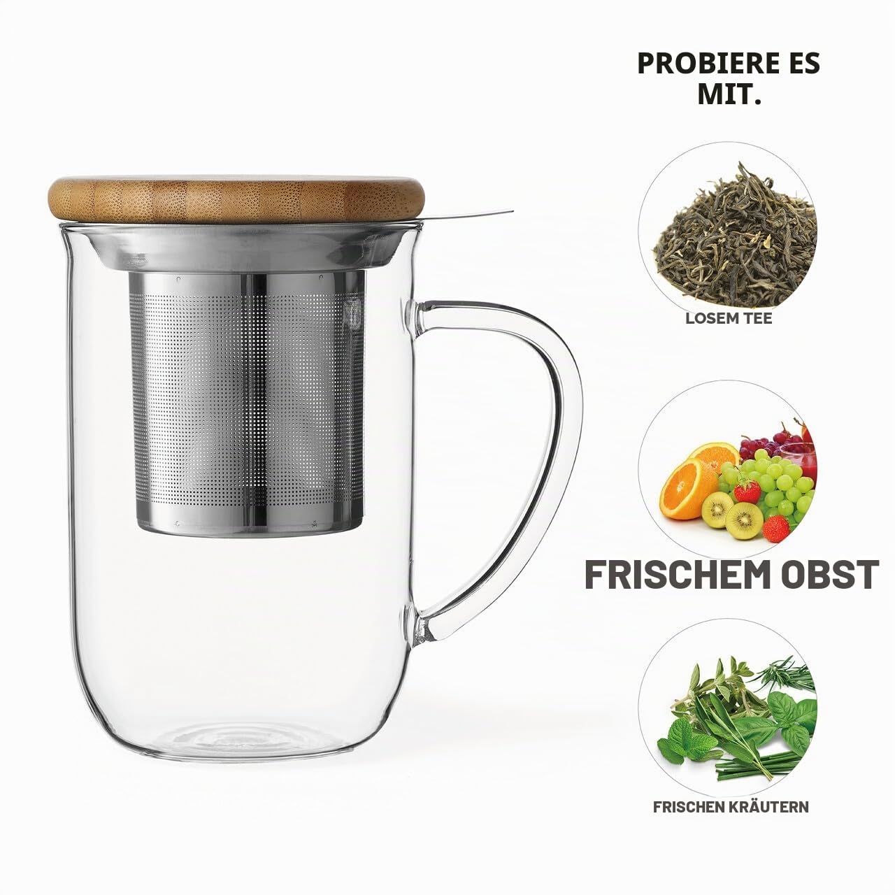 VIVA Minima Balance Glass Infuser Tea Cup - 17 oz / 500 ml Mug with Stainless Steel Infusion Mesh and Bamboo Wood Lid