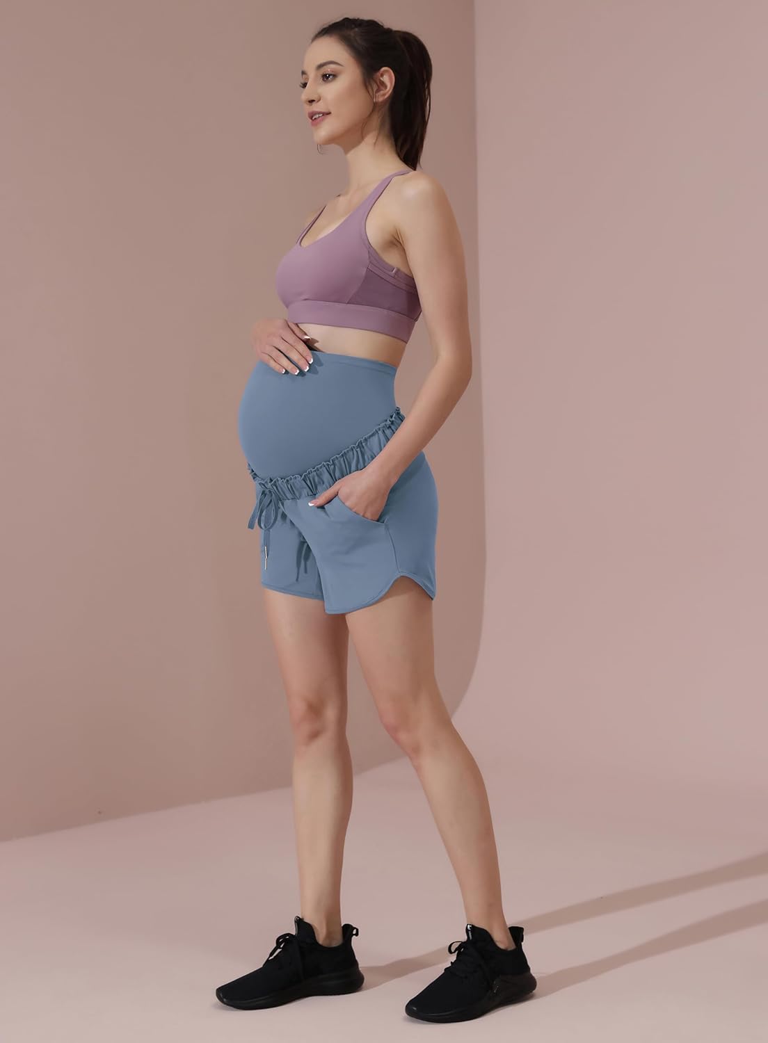 Maacie Maternity High Waist Shorts Drawstring Workout Shorts with Pockets - Image 2