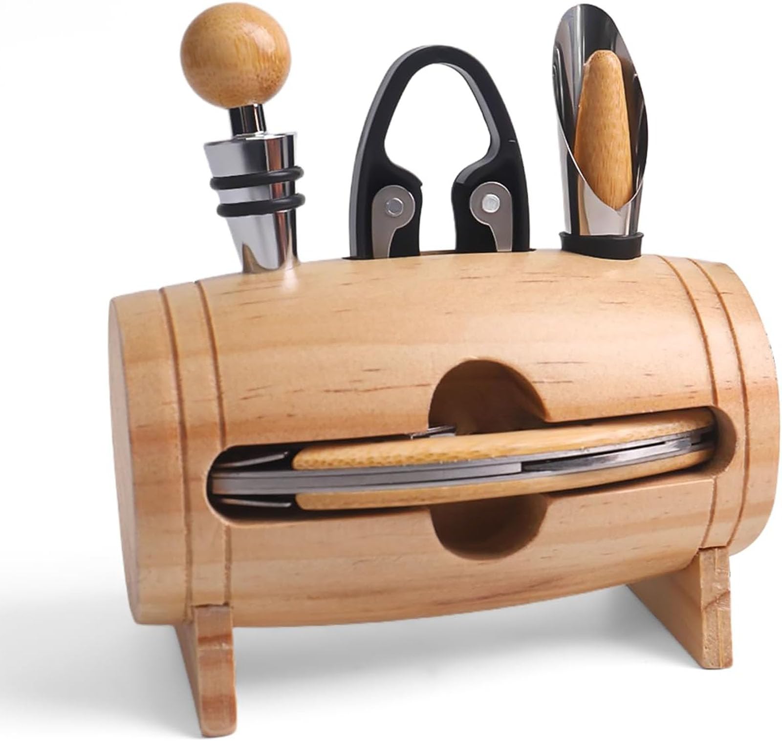 Wein-Geschenkset – Korkenzieher, Folienschneider, Ausgießer und Stopper mit elegantem Holzfass – unverzichtbares Zubehör für Weinliebhaber