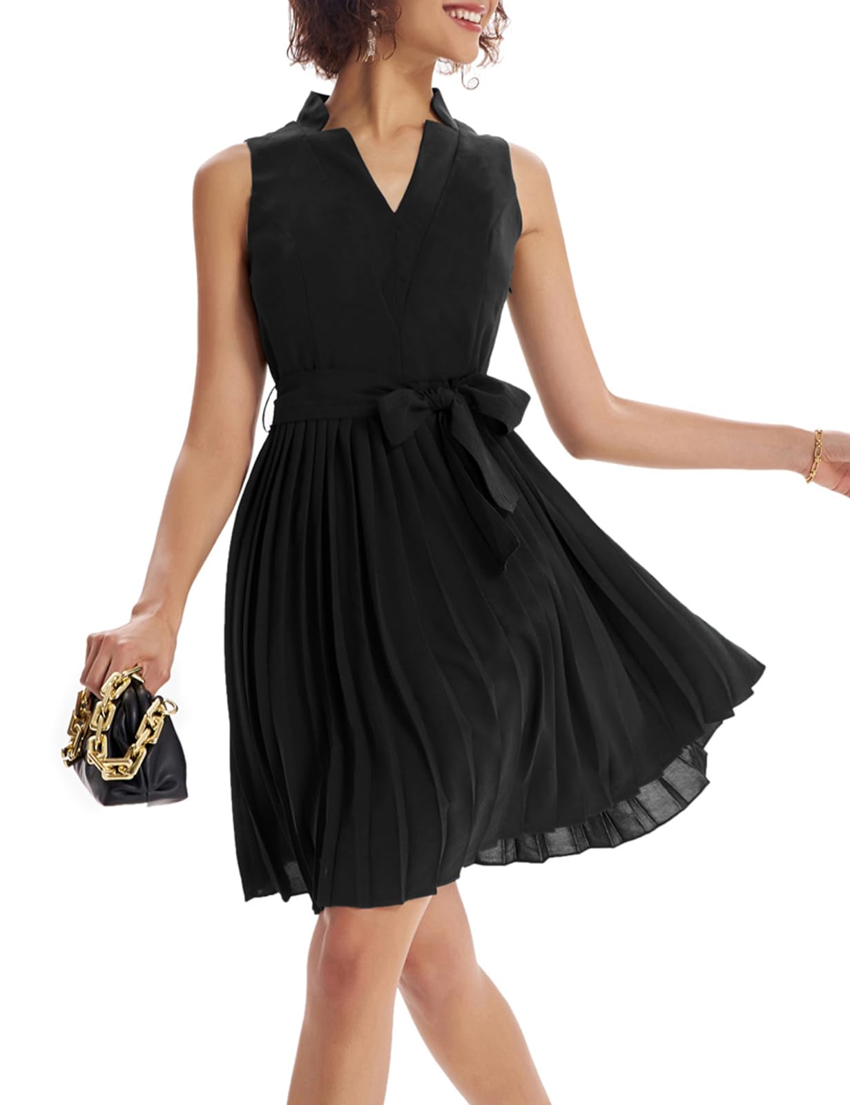 GRACE KARIN Women Elegant Pleated Swing Dress Solid Sleeveless V-Neck Work Dress