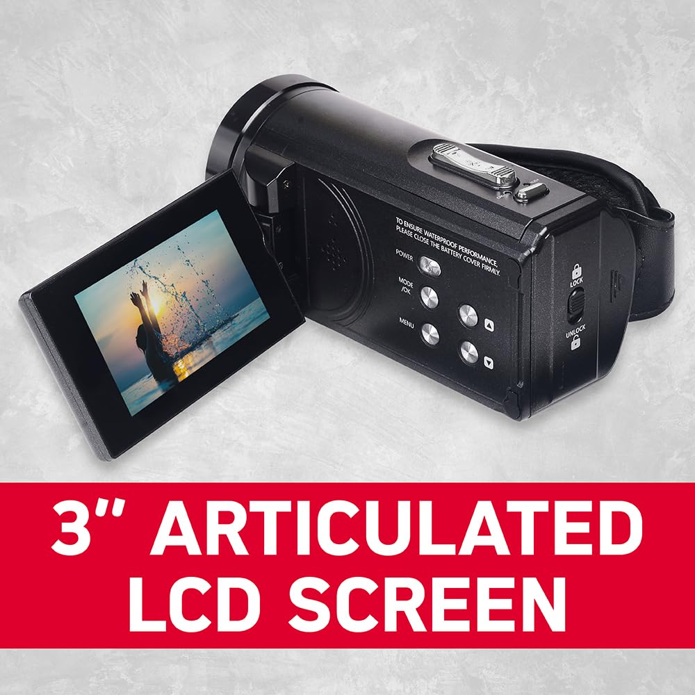 Agfa Camcorder Realimove Cc4000 Black | Wasserdicht, 3-Zoll-Touchscreen, 18-facher Digitalzoom, Video 2.7K, Foto 24 MP, Fernbedienung, LED, Lithiumbatterie
