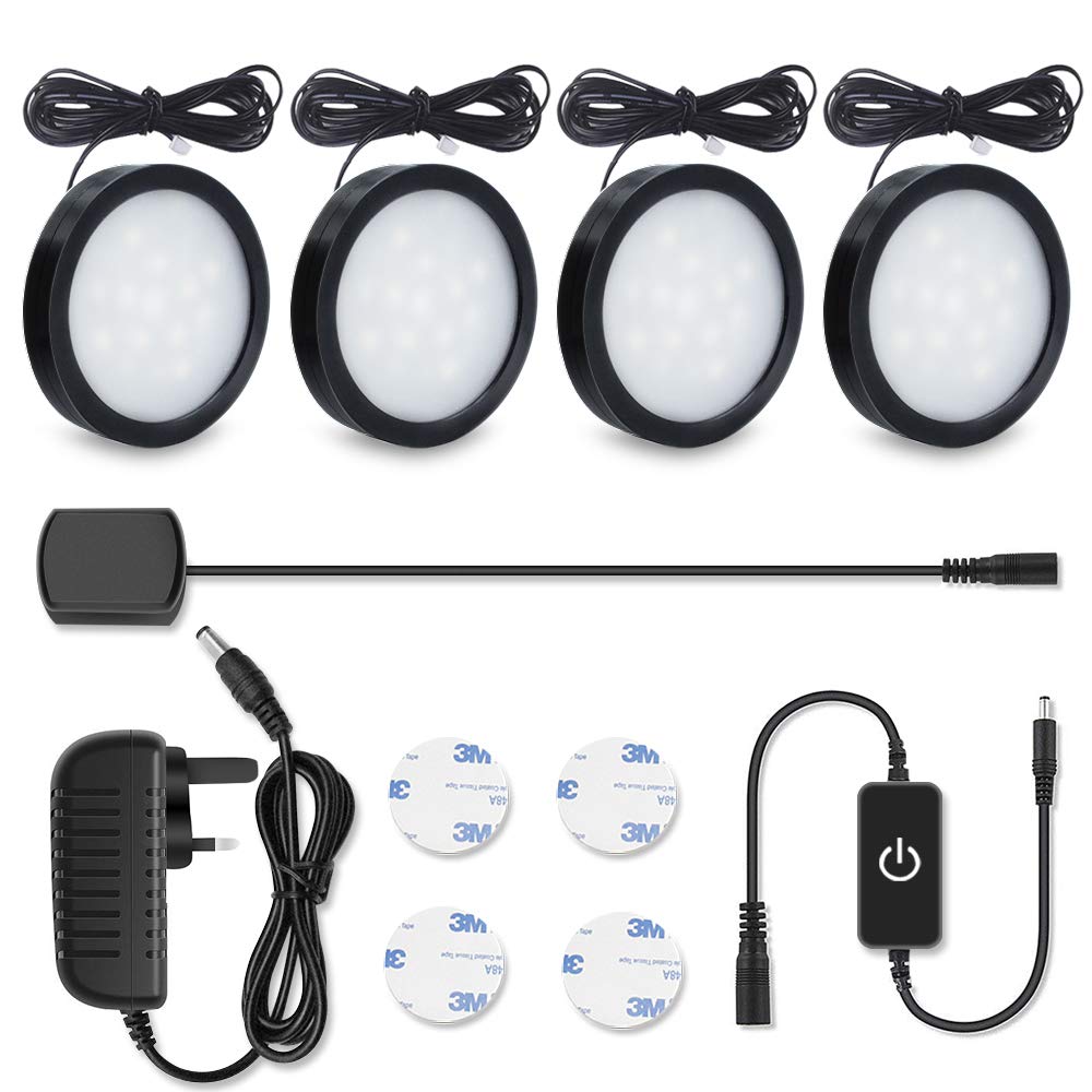 LightingWill LED Under Cabinet Lighting Kit,LED Under Cabinet Puck Lights,680lm Daylight White 6000K,CRI90+,Touch Dimming,All Accessories Included, for Kitchen, Closet Lights, Safe Light,(4 Pack)