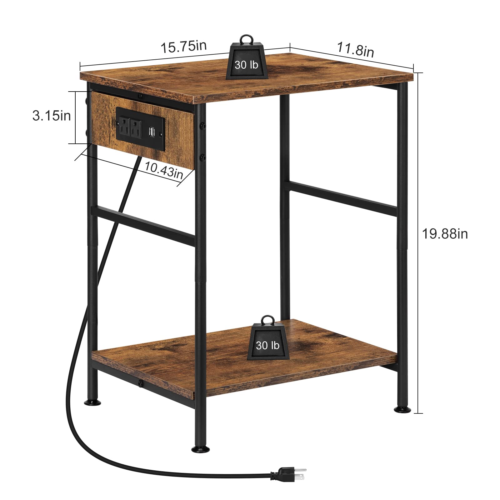 MOOACE Nightstands Set of 2, End Table with Charging Station, Side Tables Bedroom Set of 2 with USB Ports and Power Outlets, Small Bedside Tables for Bedroom, Living Room, Rustic Brown