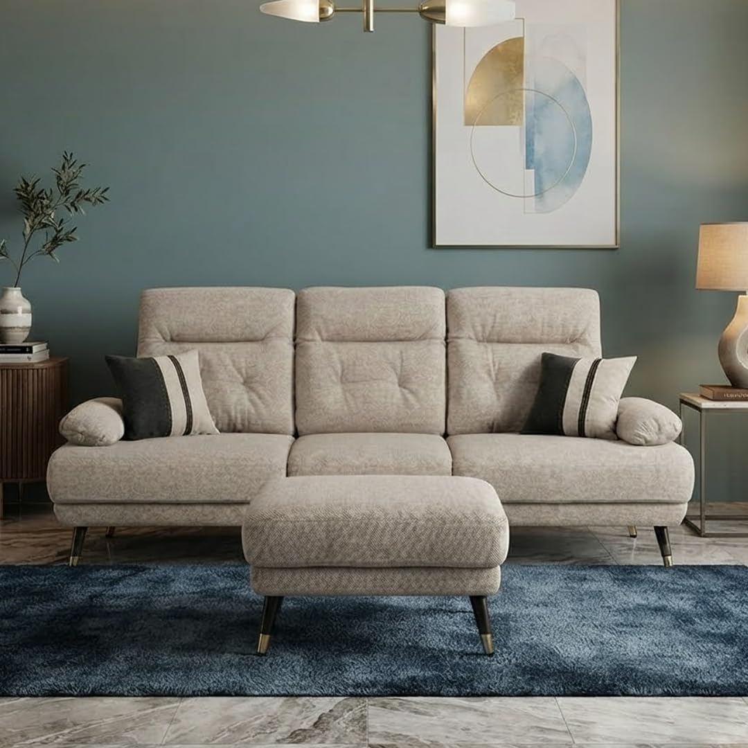 Luxury Marbella 3 Seater + 1 Ottoman L Shape Sofa Set for Living Room | Boucle Weave Fabric Upholstered | Cushioned Comfortable Couch for Home Office & Drawing Room | Sand Beige-image-18