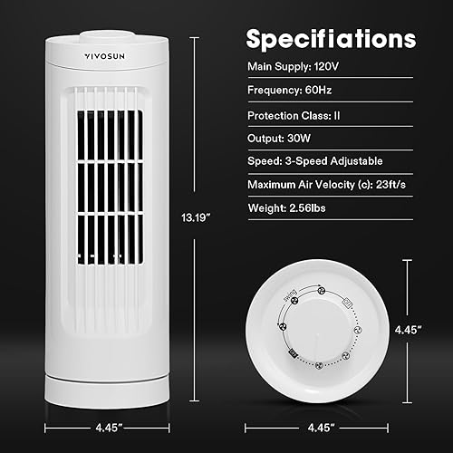Miniatura 7 de VIVOSUN Ventilador de torre de 13 pulgadas, ventilador de escritorio sin aspas con 3 velocidades y oscilación de 70, portátil y compacto, ventilador