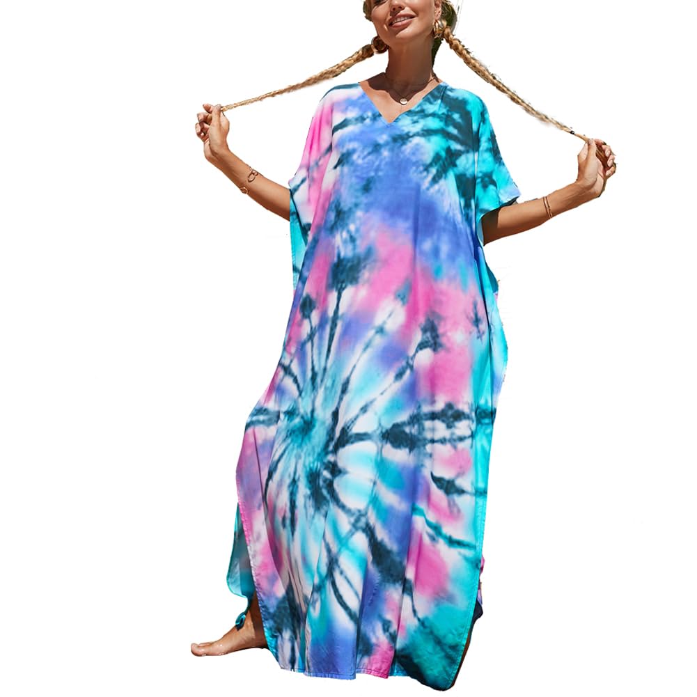 Lazz1on Caftán Vestido Maxi Largo de Playa Pareo Mujer Verano Traje de Baño Bohemio Floral Talla Grande Ropa Bikini Cover Up