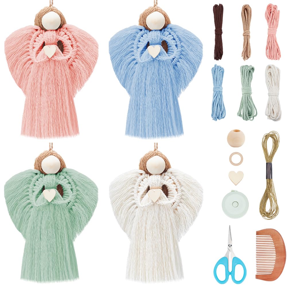 FREEBLOSS 4 Set Beginners Macrame Kit DIY Macrame Angel Kit DIY Macrame Kit for Beginners with Instructions Boho Angel Decor Adults Craft Kit for Adults Gift