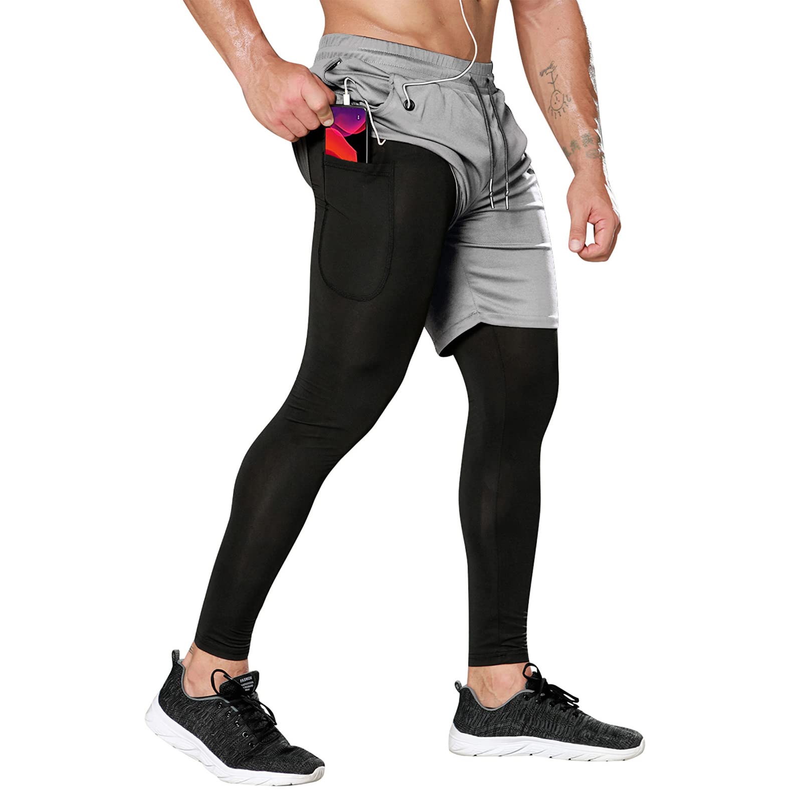 OEBLD Mens 2 in 1 Athletic Running Pants Quick Dry Gym Workout Shorts for Men Compression Pants with Pockets