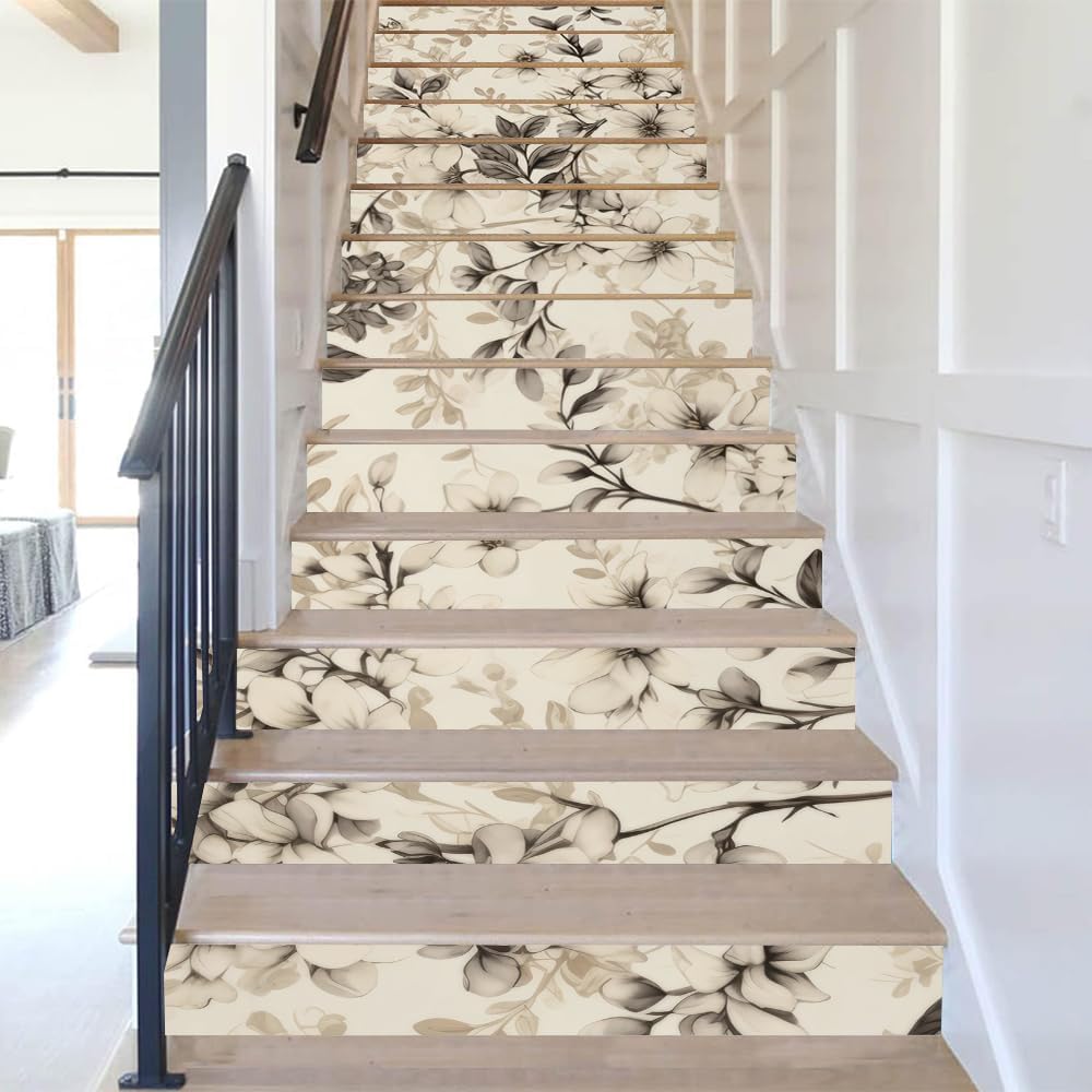REDAMANCY Boho Cream Black Peach Flowers Peel and Stick Vinyl Stair Riser Decals Staircase Tile Stickers Decor Modern Marble Decoration Self-Adhesive(14 Pcs)