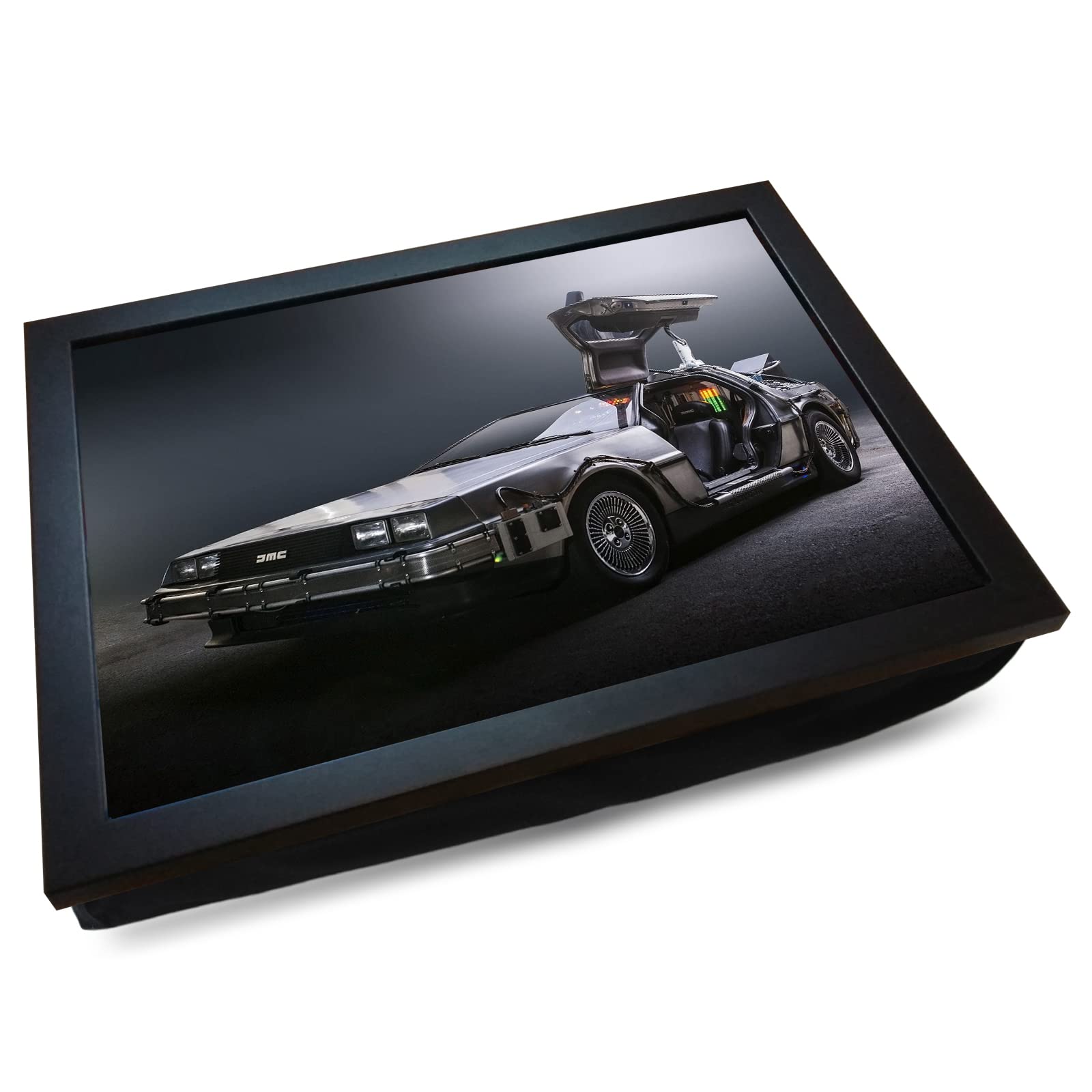 mooki Deluxe Cushioned Photo Lap Tray | Back to the Future DeLorean DMC 12 | Wooden Frame | Bean Bag Cushion Base | #ME, Black, (LTY#ME)