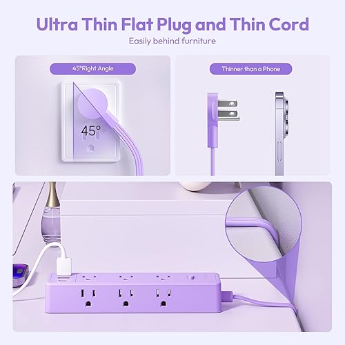Miniatura 4 de NTONPOWER - Tira de alimentación morada, cable de extensión morado de 5 pies, 9 salidas 3 USB (1 USB C), montado, 1080J, múltiples tomas de