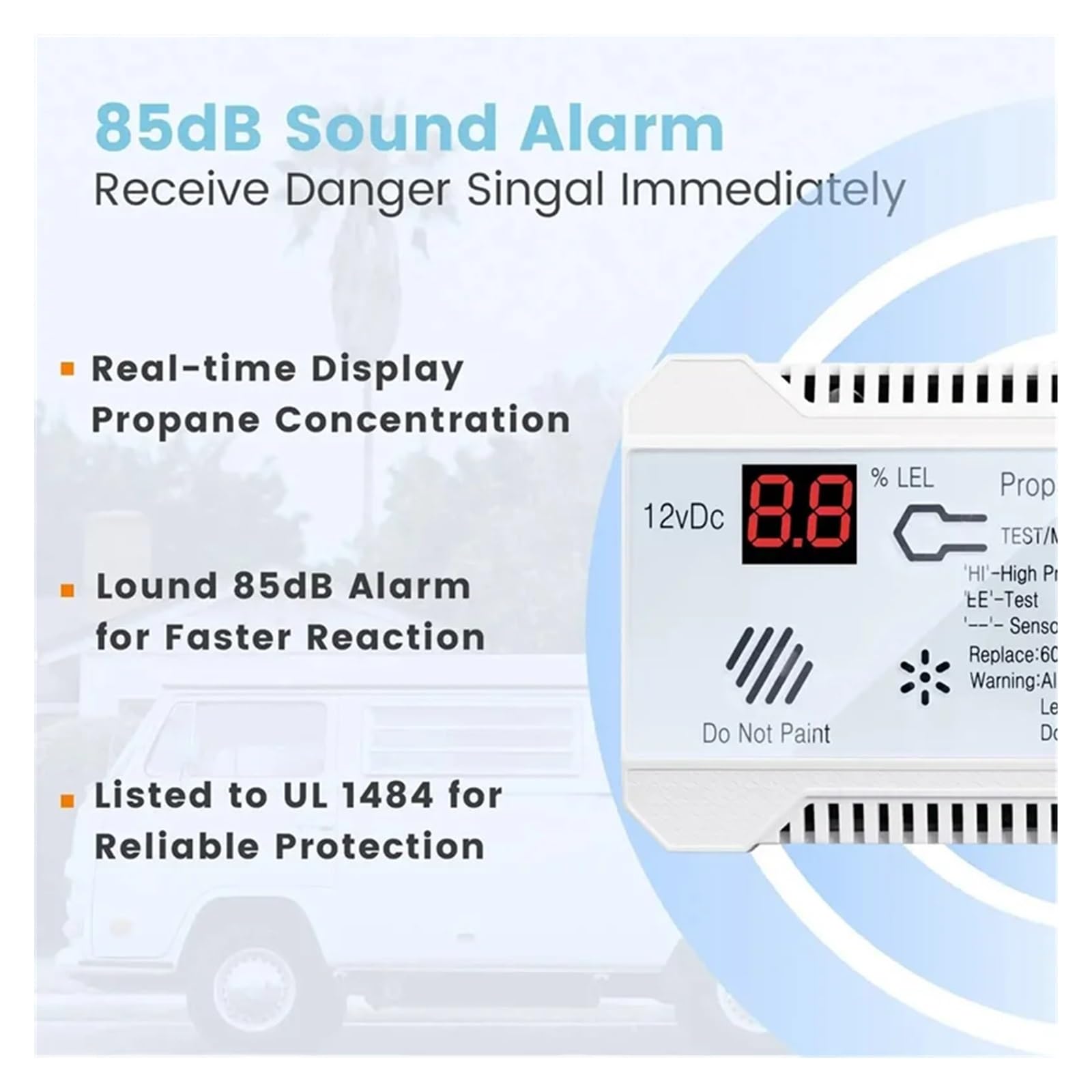 Detector de Gases, Detector de propano 12 V, Sensor Gas Natural GLP, Alarma Fugas, Sirena 85 dB for Coche, Caravana, hogar, medidor Digital (Blanco)