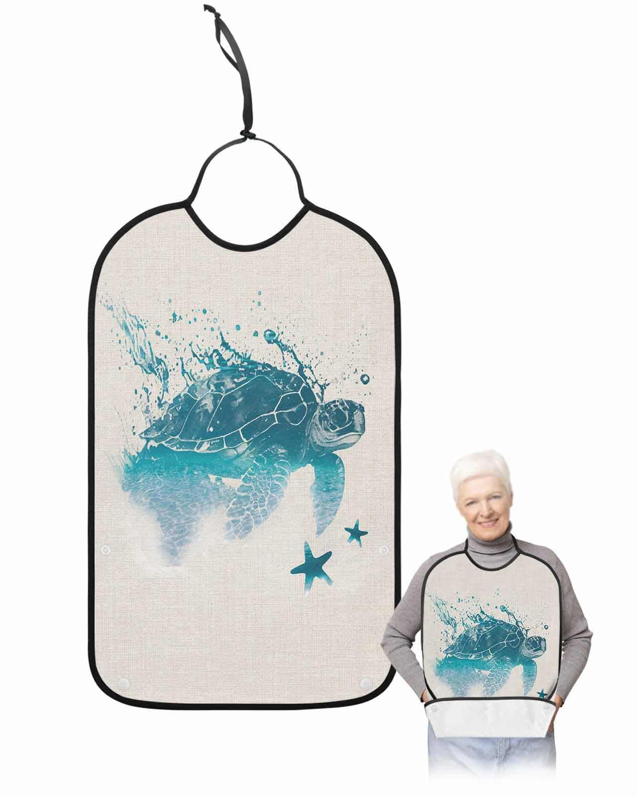 LEOKOTI Sea Turtle Adult Bibs for Eating, Waterproof Bibs with Food Catcher & Adjustable Snap Closure, Summer Beach Coastal Nautical Teal Starfish Washable Clothing Protectors Adult Bibs for Elderly