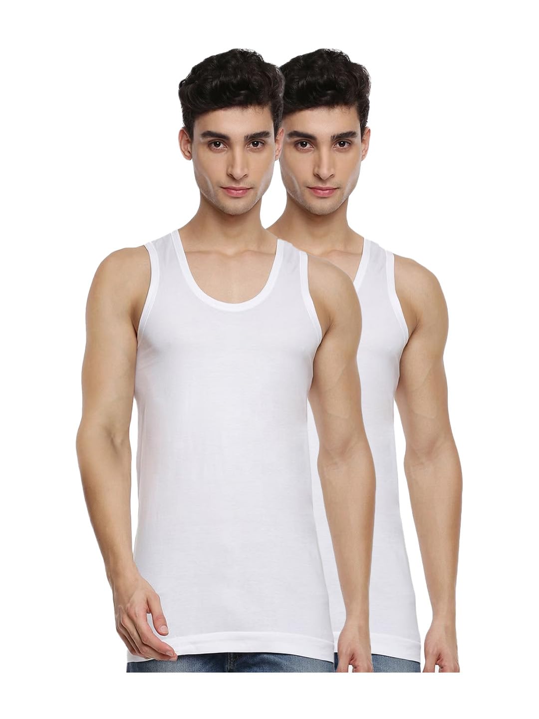 Pack of 2 Men's White Scoop Neck Sleeveless Cotton Undershirt Vest (White;95)-image-24
