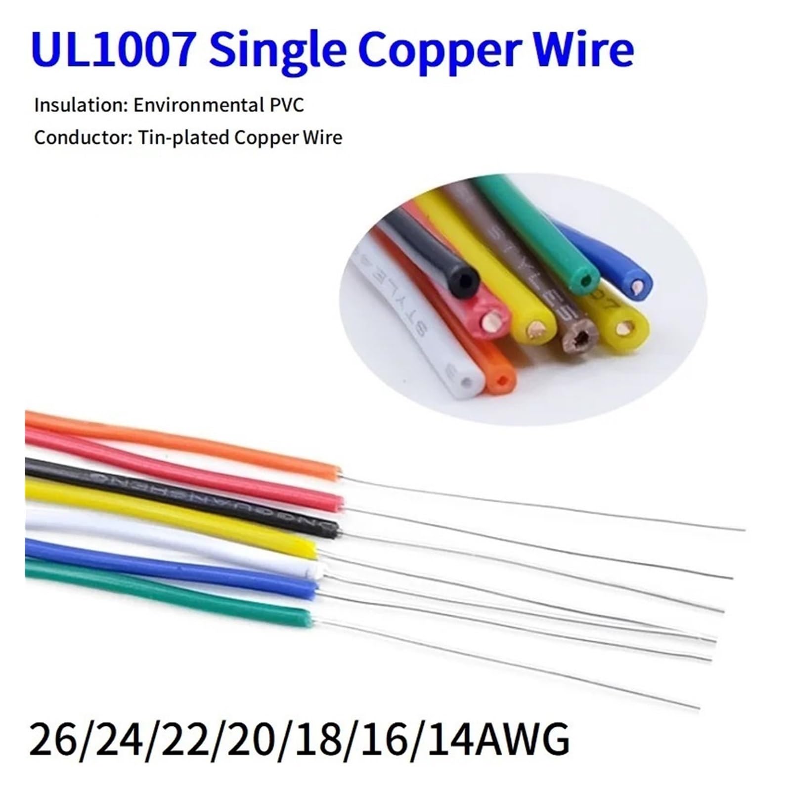 10M Lity Drut Miedziany Pojedynczy Rdzeń 26 24 22 20 18 16 14 AWG Izolacja PVC Cynowane Przewody Galwaniczne Sprzęt Kabel Elektryczny(Black10M,16AWG)