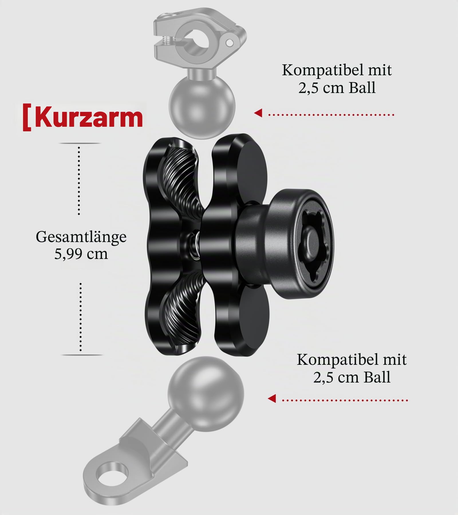 BRCOVAN Diebstahlschutz Aluminiumlegierung Doppelsockelarm (Kurzer Arm) Kompatibel mit RAM Mounts B Größe 1 Zoll Kugel Komponente und Fahrrad Motorrad Handyhalter mit 1'' Kugel Adapter