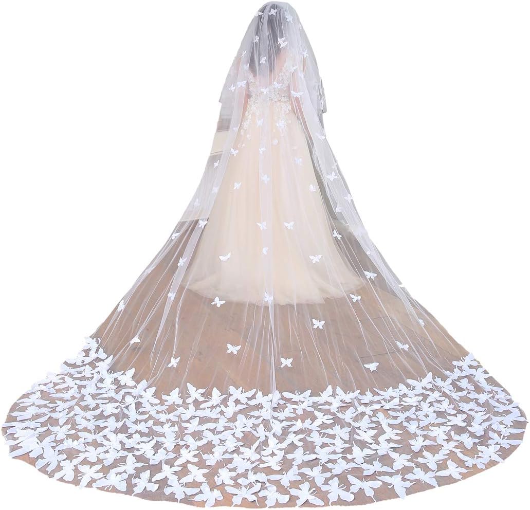 Fenghuavip 2T Wedding Veils Cathedral Veil for Brides with Butterfly Appliques